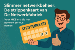 Illustratie van een strippenkaart met ICT-iconen en een knipoog, als visuele metafoor voor flexibele netwerkondersteuning bij De Netwerkfabriek.