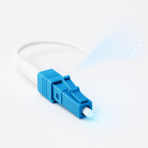 Blauwe LC-glasvezelconnector met subtiele lichtgloed op witte achtergrond, symbool voor snelle en betrouwbare zakelijke glasvezel.