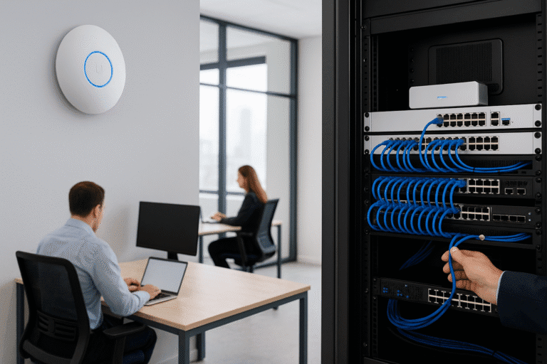 Moderne kantoorruimte met een nette patchkast vol blauwe bekabeling en werkende medewerkers op de achtergrond, inclusief zichtbare zakelijke WiFi-access points.”