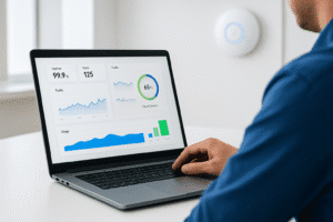 netwerk-dashboard monitor op een latop, met een Wifi access point subtiel zichtbaar op de achtergrond