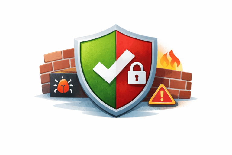 Veiligheidscontrole van bedrijfsnetwerk met firewall, schild en beveiligingsiconen.